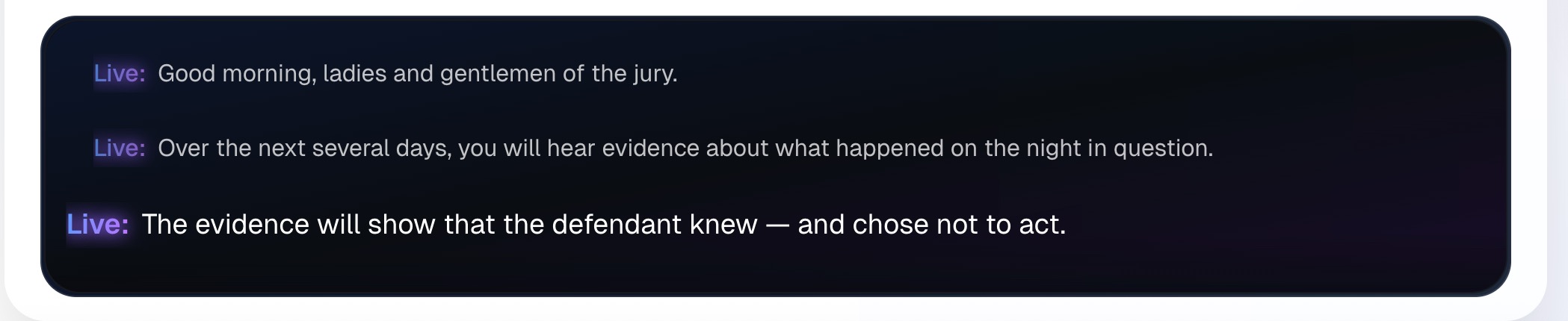 Live captions demo showing three lines of real-time transcription