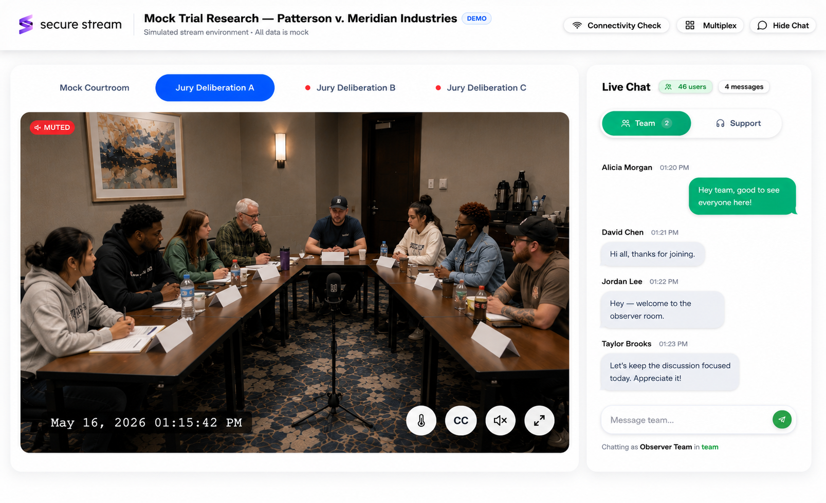 Secure Stream interface with mock trial room video and live chat